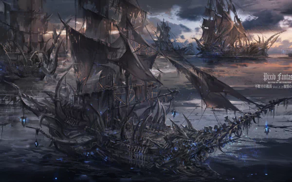 Dark, detailed anime-style scene from Pixiv Fantasia RD featuring ghostly ships sailing on a stormy sea, designed as an HD PC desktop wallpaper background.