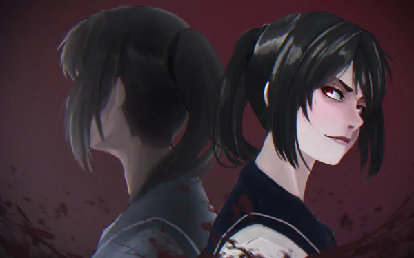 A HD desktop wallpaper featuring Ayano Aishi (Yandere-Chan) from the video game Yandere Simulator, showing her in a dark, intense setting with blood splatters.