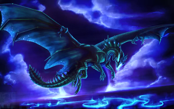 HD fantasy desktop wallpaper featuring a majestic blue dragon soaring through a stormy, cloud-filled sky illuminated by glowing magical symbols below.