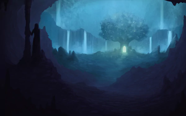 night waterfall tree path fantasy landscape fantasy landscape HD Desktop Wallpaper | Background Image