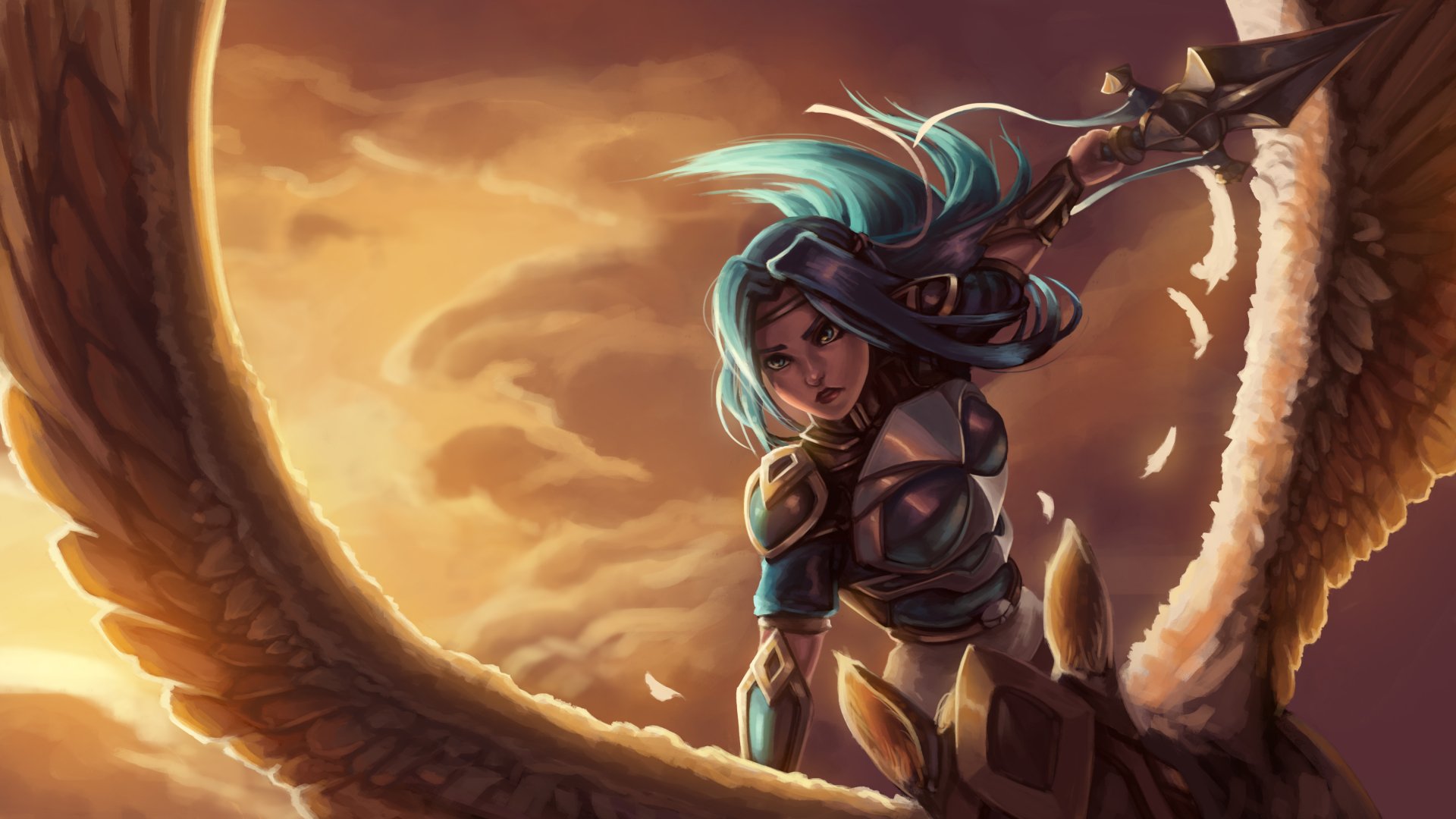 Fiora from League of Legends with blue hair and eyes, wielding a dagger, depicted as a woman warrior against a dramatic sky in 4K Ultra HD PC wallpaper style.