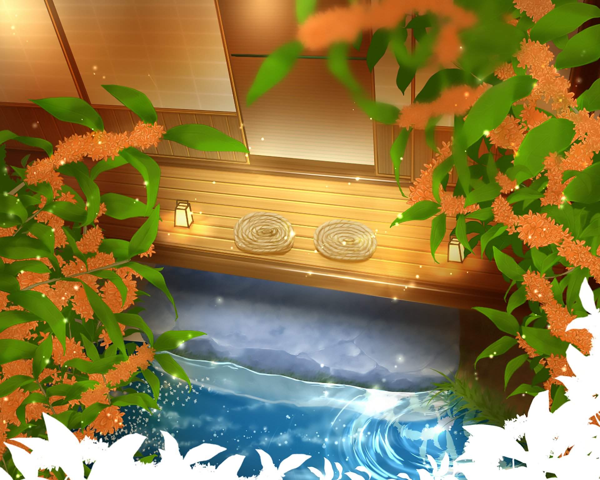 Anime original HD PC desktop wallpaper and background: leafy frame revealing a sunlit wooden veranda with two round woven mats, a small lantern, and shimmering blue water below.