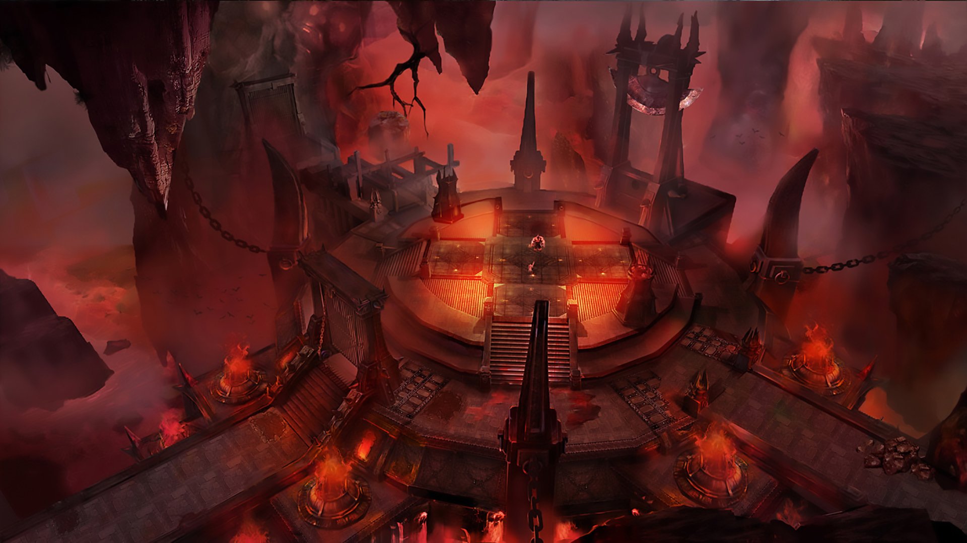 Dark fantasy landscape: a circular volcanic fortress with spiked towers, molten pits, chains and floating rock, bathed in red firelight. HD PC desktop wallpaper and background.