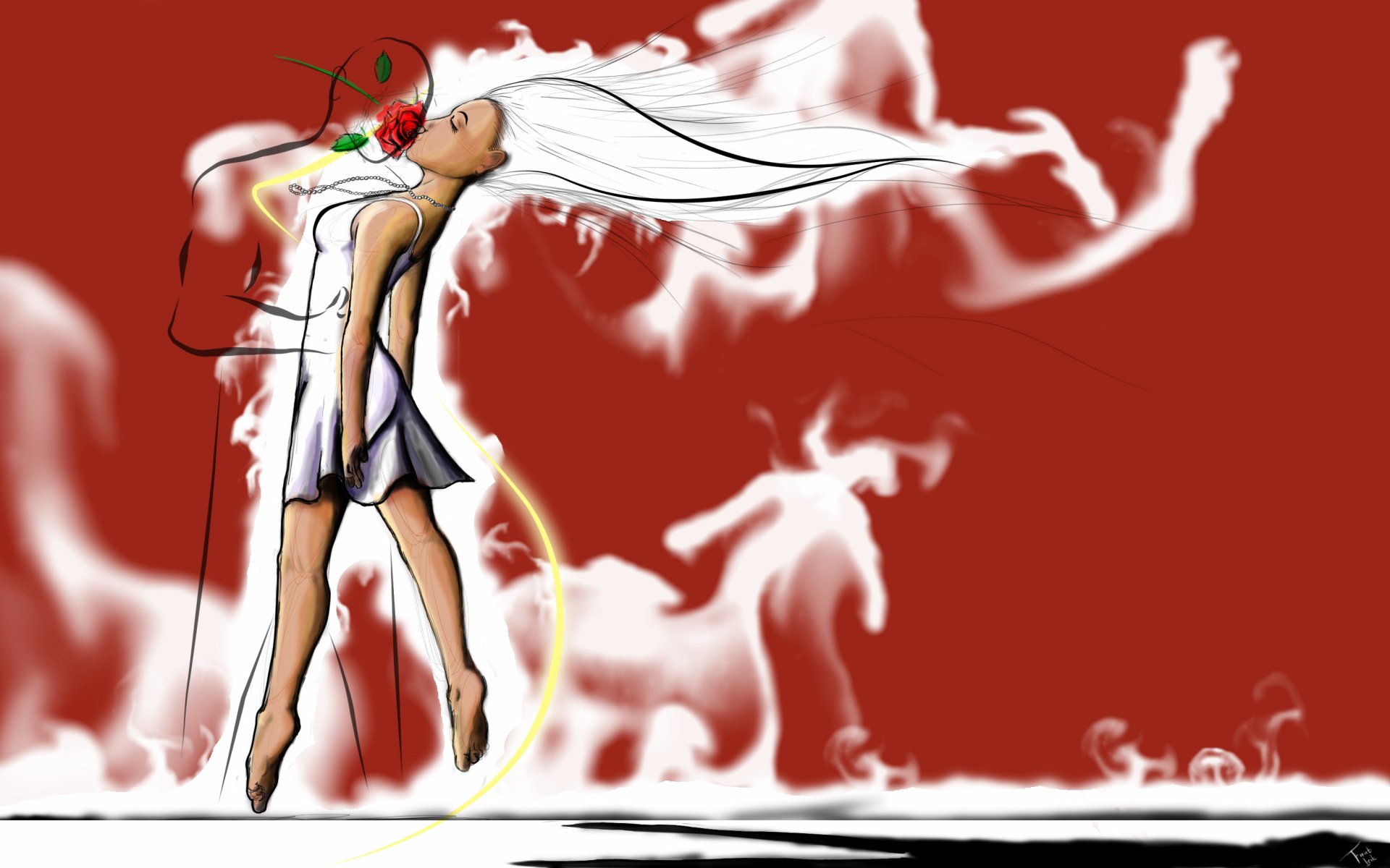 Artistic HD PC desktop wallpaper featuring a stylized woman with flowing white hair and abstract smoke-like shapes on a deep red background.