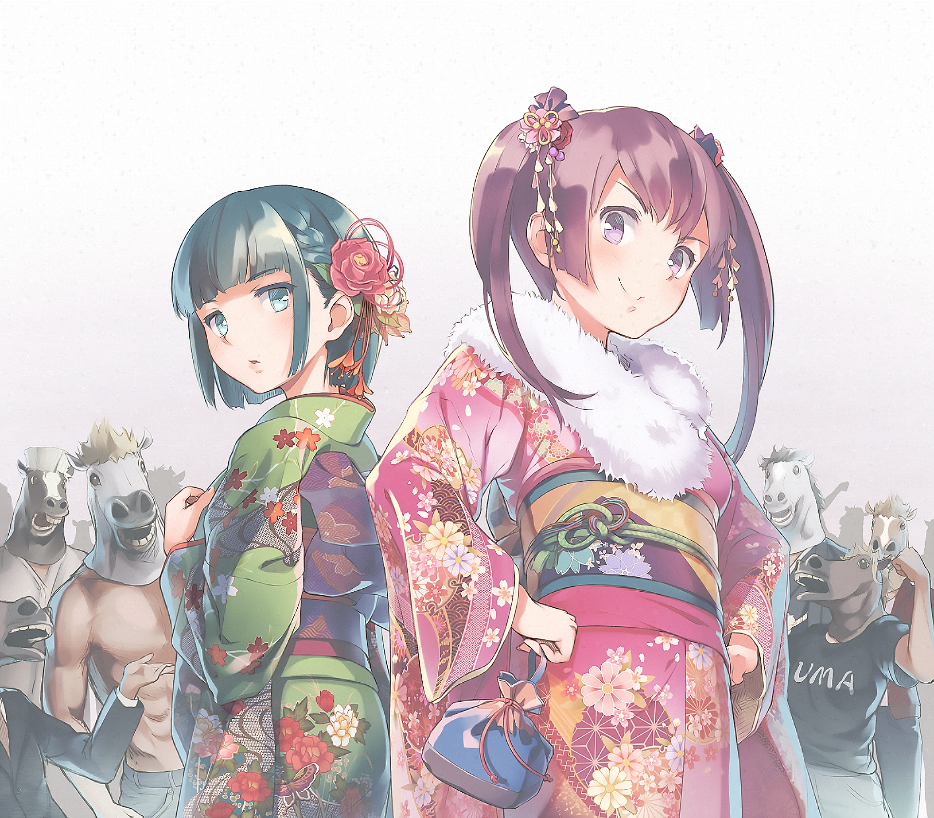 HD anime desktop wallpaper featuring two girls in colorful yukatas with floral ribbons; one has short green hair and the other has pink hair tied with accessories.