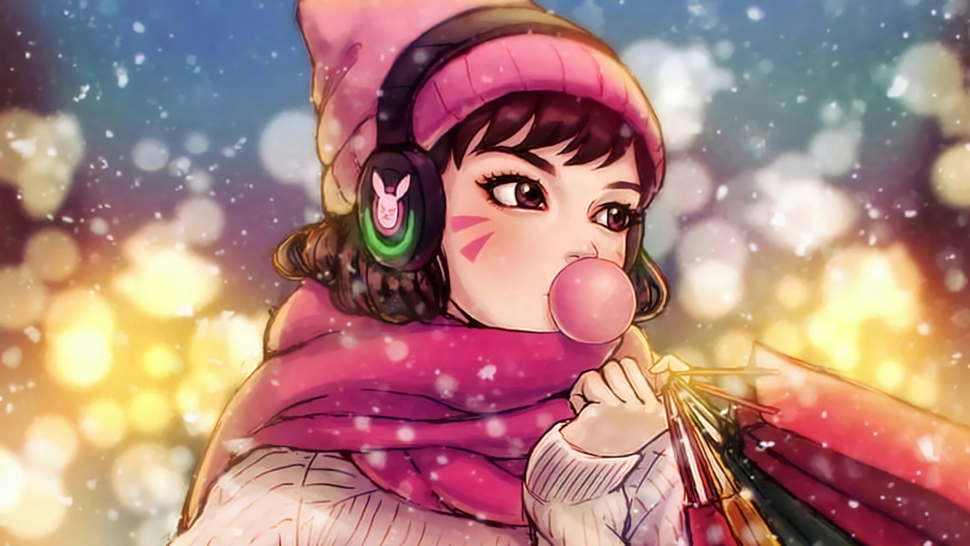 HD PC desktop wallpaper featuring D.Va from Overwatch blowing bubblegum, wearing a pink beanie, scarf, and headphones against a softly lit background.