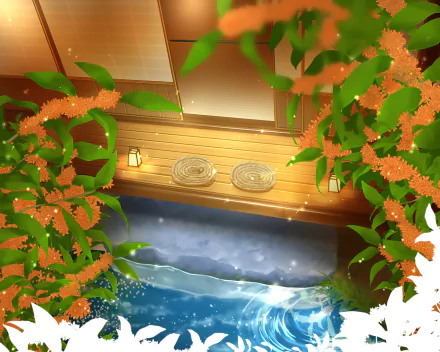 Anime original HD PC desktop wallpaper and background: leafy frame revealing a sunlit wooden veranda with two round woven mats, a small lantern, and shimmering blue water below.