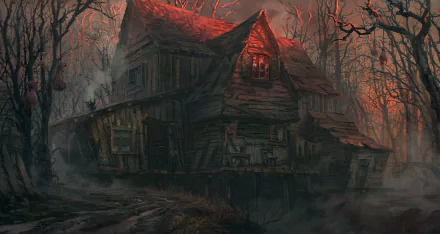 Dark, decaying two-story house in a foggy, blood-red forest at dusk; eerie broken windows and warped wood — HD PC desktop wallpaper/background with moody horror atmosphere.