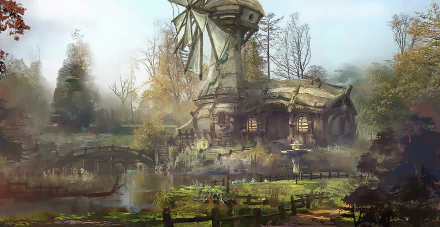 HD fantasy desktop wallpaper featuring a rustic windmill building surrounded by autumn trees and a serene pond under a misty sky.
