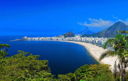 HD desktop wallpaper of Copacabana, Rio de Janeiro, Brazil, showing a stunning cityscape with a curved sandy beach, lush greenery, and a deep blue ocean stretching to the horizon.