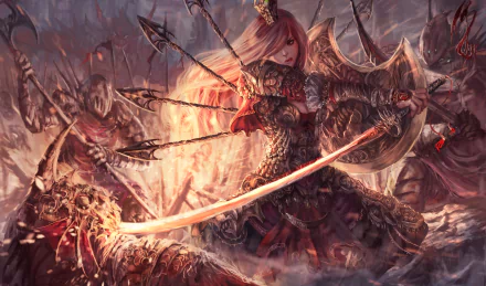 A fantasy HD wallpaper depicting a woman warrior with pink hair in armor, wielding a sword amidst a fierce battle. Bows and arrows are in the background.