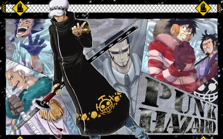 HD desktop wallpaper featuring Monkey D. Luffy, Smoker, and Trafalgar Law from One Piece. The background showcases various scenes from the Punk Hazard arc of the anime.