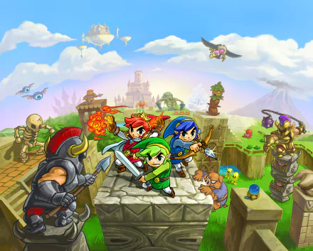 8K Ultra HD PC desktop wallpaper of three Links from The Legend of Zelda: Tri Force Heroes (green, red, blue) on floating ruins, blades drawn against enemies with a castle in the distance.