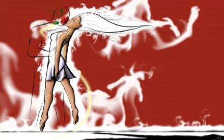 Artistic HD PC desktop wallpaper featuring a stylized woman with flowing white hair and abstract smoke-like shapes on a deep red background.