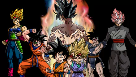 HD desktop wallpaper featuring characters from Dragon Ball: Super Saiyan Rosé, Turles, Bardock, Ginyu, Goten, and Goku. Dynamic anime scene with vibrant colors and intense action poses.