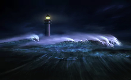 HD desktop wallpaper of a stormy ocean with a lighthouse shining through large, artistic waves.