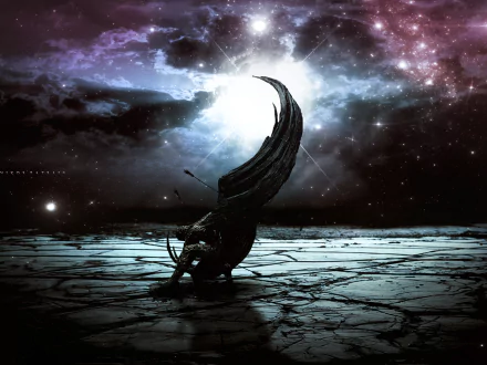A fantasy landscape featuring a dark angel with large wings kneeling on cracked ground under a starry, cosmic sky, rendered in HD for a PC desktop wallpaper.