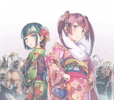 HD anime desktop wallpaper featuring two girls in colorful yukatas with floral ribbons; one has short green hair and the other has pink hair tied with accessories.