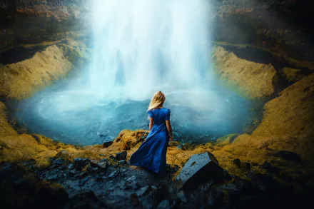 A blonde woman in a flowing blue dress stands with her back to the viewer, facing a powerful waterfall in this HD PC desktop wallpaper background.