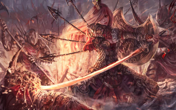A fantasy HD wallpaper depicting a woman warrior with pink hair in armor, wielding a sword amidst a fierce battle. Bows and arrows are in the background.