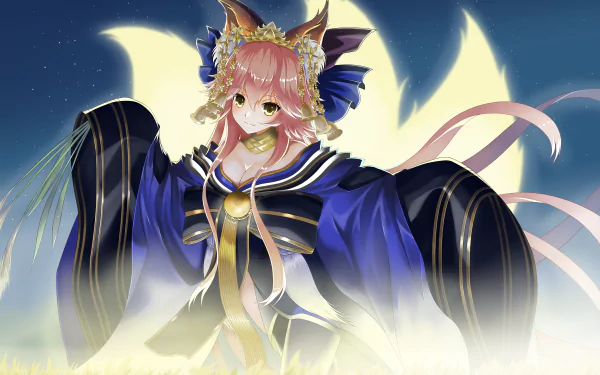 HD desktop wallpaper featuring Tamamo no Mae in her Caster form from Fate/Grand Order. The anime character is beautifully illustrated with detailed, vivid colors under a night sky.