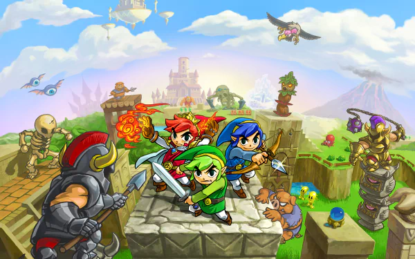 8K Ultra HD PC desktop wallpaper of three Links from The Legend of Zelda: Tri Force Heroes (green, red, blue) on floating ruins, blades drawn against enemies with a castle in the distance.