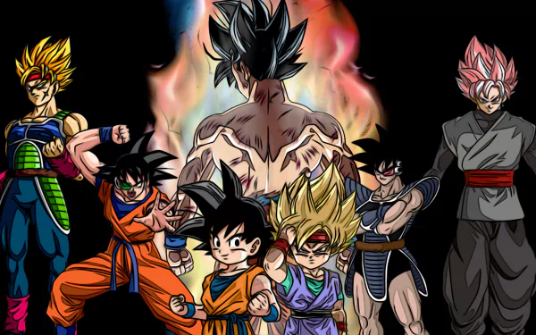 HD desktop wallpaper featuring characters from Dragon Ball: Super Saiyan Rosé, Turles, Bardock, Ginyu, Goten, and Goku. Dynamic anime scene with vibrant colors and intense action poses.