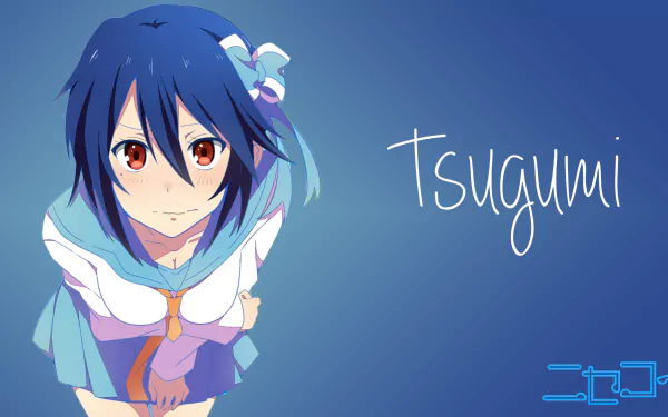 HD anime desktop wallpaper featuring Seishirou Tsugumi from Nisekoi against a blue background with her name written beside her.