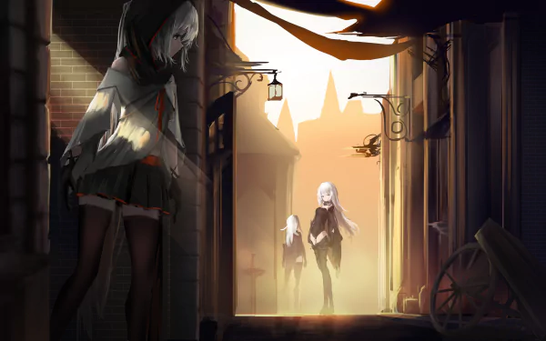 Anime Pixiv Fantasia RD 2K Quad HD PC desktop wallpaper: backlit alley scene with a hooded figure in shadow at left and a pale character walking toward warm sunlight at center.