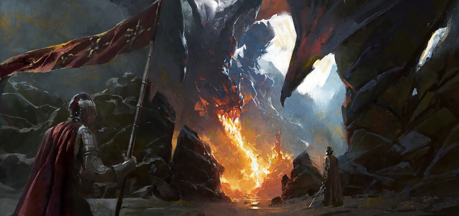 Fantasy HD PC desktop wallpaper depicting a fierce dragon breathing fire amidst a dark, stormy battlefield with armored warriors facing the fiery beast.