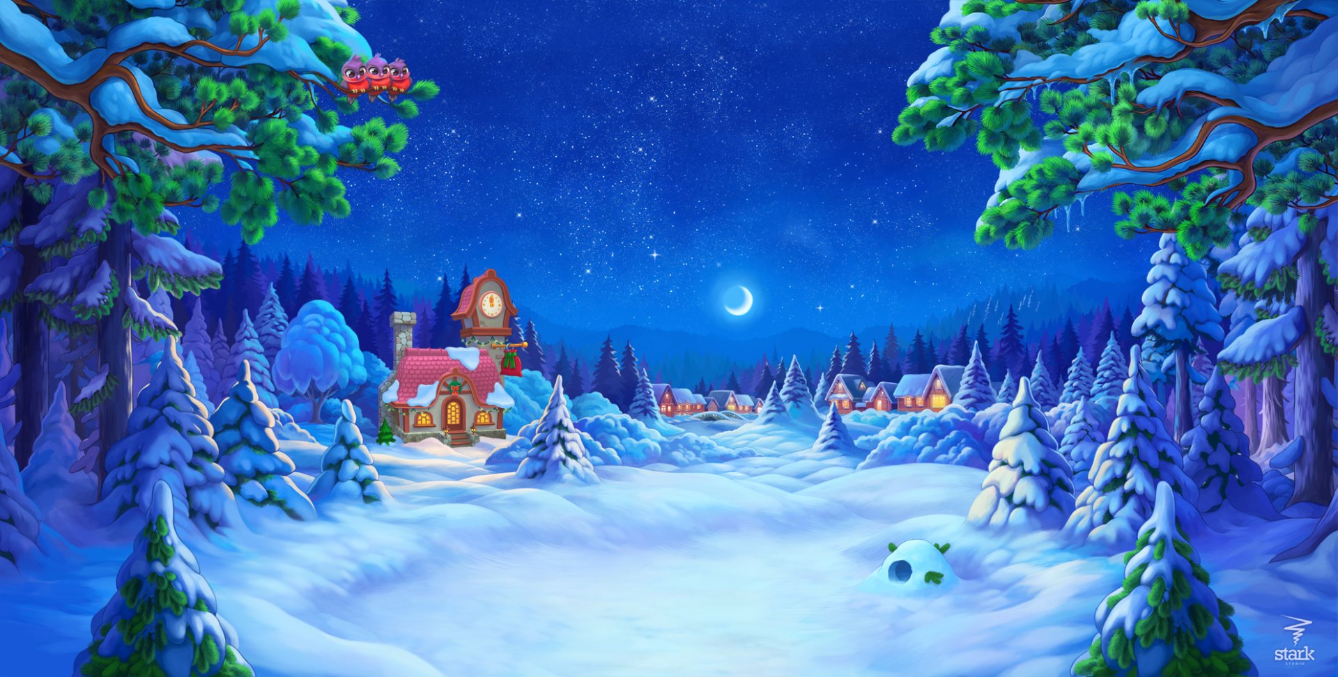 Artistic HD PC desktop wallpaper of a snowy winter night village beneath a crescent moon, moonlit pines, cozy cottages and falling snow across a tranquil night-snow landscape.
