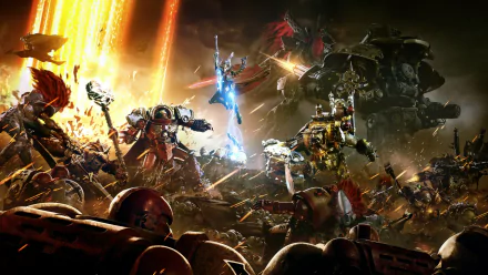 HD PC wallpaper featuring an intense battle between Eldar, Orks, and Space Marines from Warhammer 40,000: Dawn of War III video game.