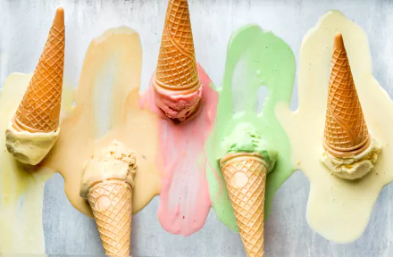 HD desktop wallpaper featuring melting ice cream in waffle cones with pastel shades of cream, pink, and green, creating a colorful and appetizing sweets background.