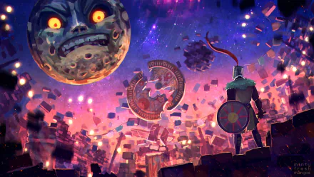 HD PC desktop wallpaper: Solaire of Astora stands on crumbling battlements facing Majora's menacing moon amid floating ruins — Dark Souls × Majora's Mask video game crossover.