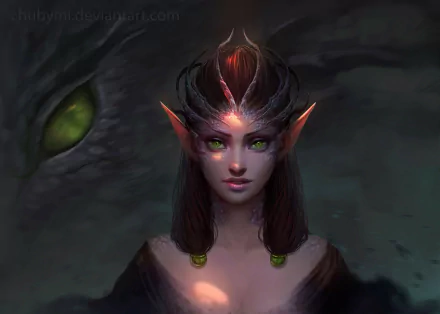 A fantasy-themed HD desktop wallpaper featuring a demon with pointed ears, glowing green eyes, and dark horns against a shadowy background.