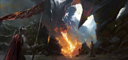Fantasy HD PC desktop wallpaper depicting a fierce dragon breathing fire amidst a dark, stormy battlefield with armored warriors facing the fiery beast.