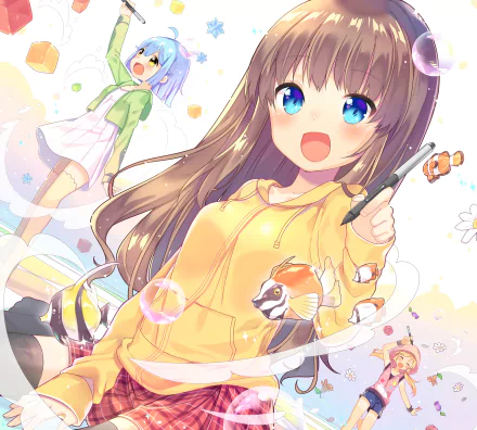 Anime-style original HD PC desktop wallpaper featuring a cheerful girl with long brown hair and bright blue eyes, surrounded by colorful, playful elements and fish.
