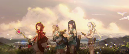 HD PC desktop wallpaper of Atelier Firis characters — Firis Mistlud, Liane Mistlud, Sophie Neuenmuller and Plachta — walking through a sunlit field at dusk, alchemy tools and travel gear visible.