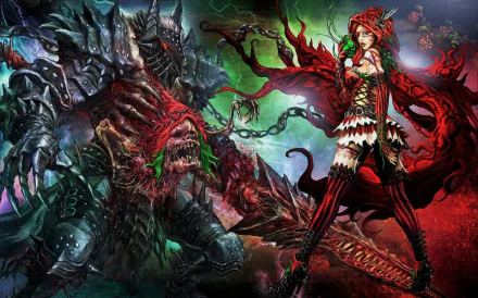 HD desktop wallpaper from the video game Soul Sacrifice 2 features a fantasy scene with a red-clad Red Riding Hood character and a monstrous creature, both showcasing intricate tattoo-like details.