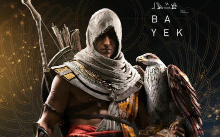 HD wallpaper featuring Bayek of Siwa and his eagle, Senu, from Assassin's Creed Origins.
