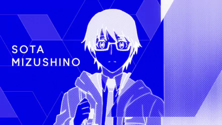 HD PC desktop wallpaper featuring Sōta Mizushino from the anime Re:Creators in a stylized blue and white geometric design.