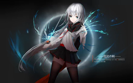 Anime-style character with long silver hair and glowing blue energy effects, set against a dark background. A 4K Ultra HD Pixiv Fantasia RD PC desktop wallpaper.