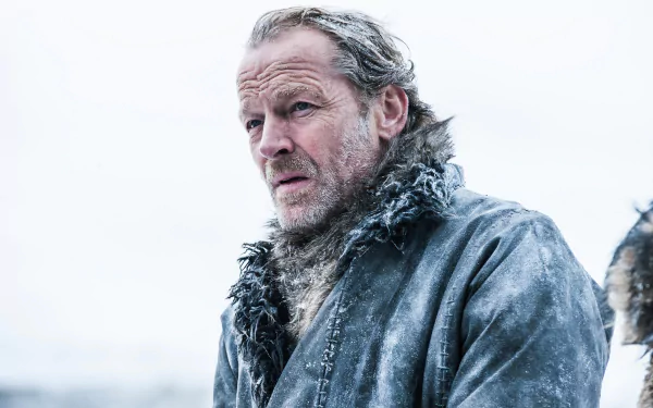Jorah Mormont from Game of Thrones, weathered and grim in a worn fur coat against a pale winter sky — 4K Ultra HD PC desktop wallpaper/background