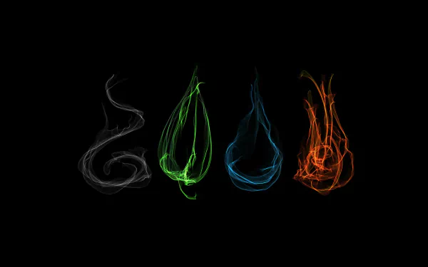 Generative artistic elemental HD PC desktop wallpaper background: four glowing wisps—smoky gray, verdant green leaf, cobalt blue droplet, and amber flame—on a deep black field.