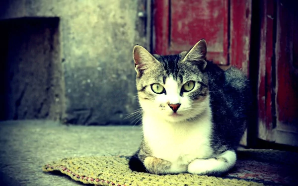 HD desktop wallpaper featuring a cat with green eyes lying on a mat, with a rustic background including a red door and concrete wall.