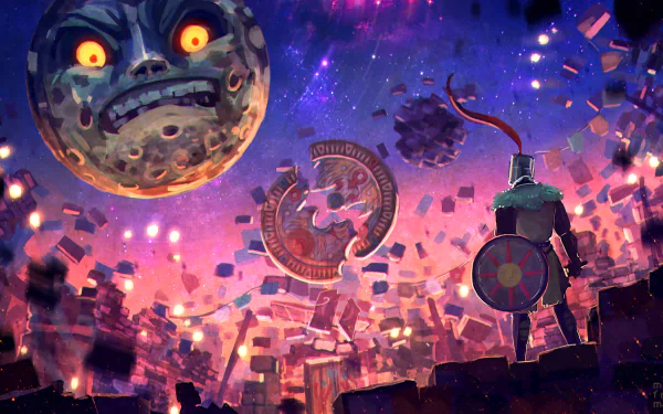 HD PC desktop wallpaper: Solaire of Astora stands on crumbling battlements facing Majora's menacing moon amid floating ruins — Dark Souls × Majora's Mask video game crossover.