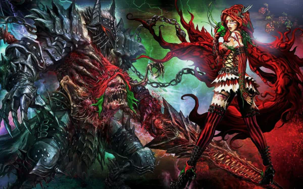 HD desktop wallpaper from the video game Soul Sacrifice 2 features a fantasy scene with a red-clad Red Riding Hood character and a monstrous creature, both showcasing intricate tattoo-like details.