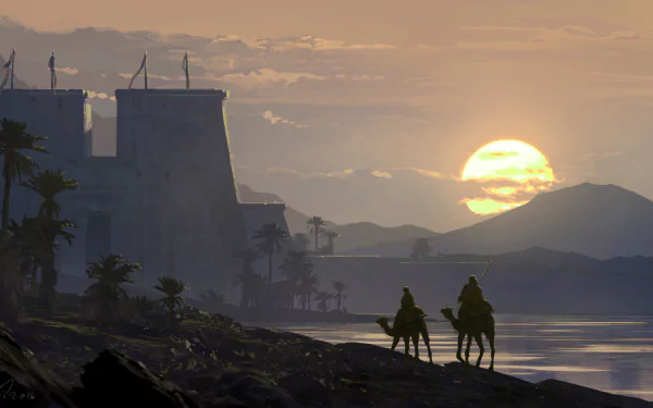 HD PC desktop wallpaper featuring a sunset scene from the video game Assassin's Creed Origins with two riders approaching ancient fortress walls.