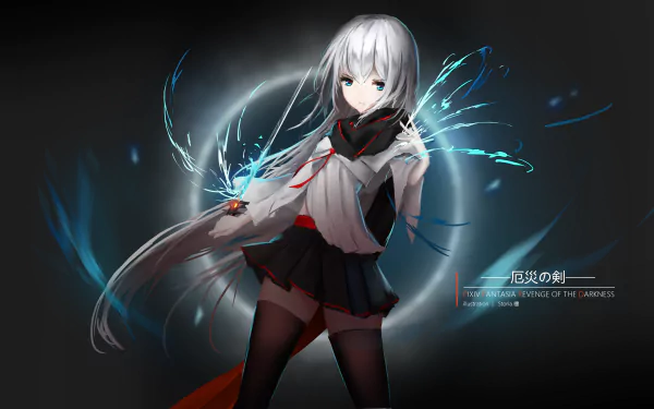 Anime-style character with long silver hair and glowing blue energy effects, set against a dark background. A 4K Ultra HD Pixiv Fantasia RD PC desktop wallpaper.