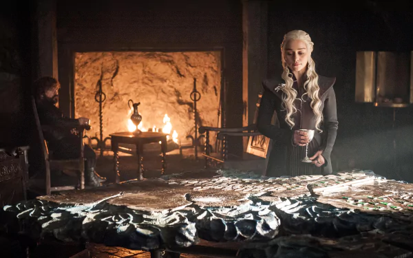 Game of Thrones 4K Ultra HD PC desktop wallpaper/background: dim war room scene with a silver‑haired woman standing at a map table and a man seated by a roaring fireplace.